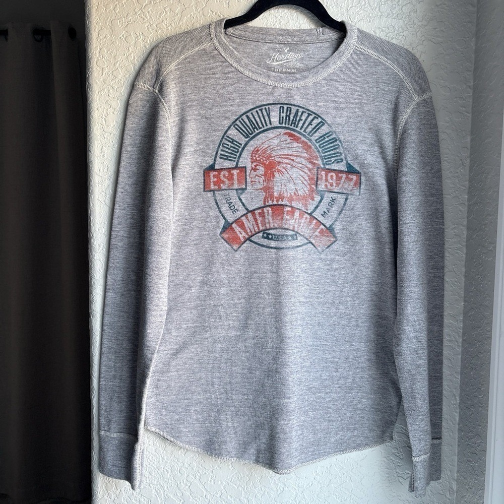 American Eagle Mens M Thermal Shirt Gray Graphic Long Sleeve Waffle Knit